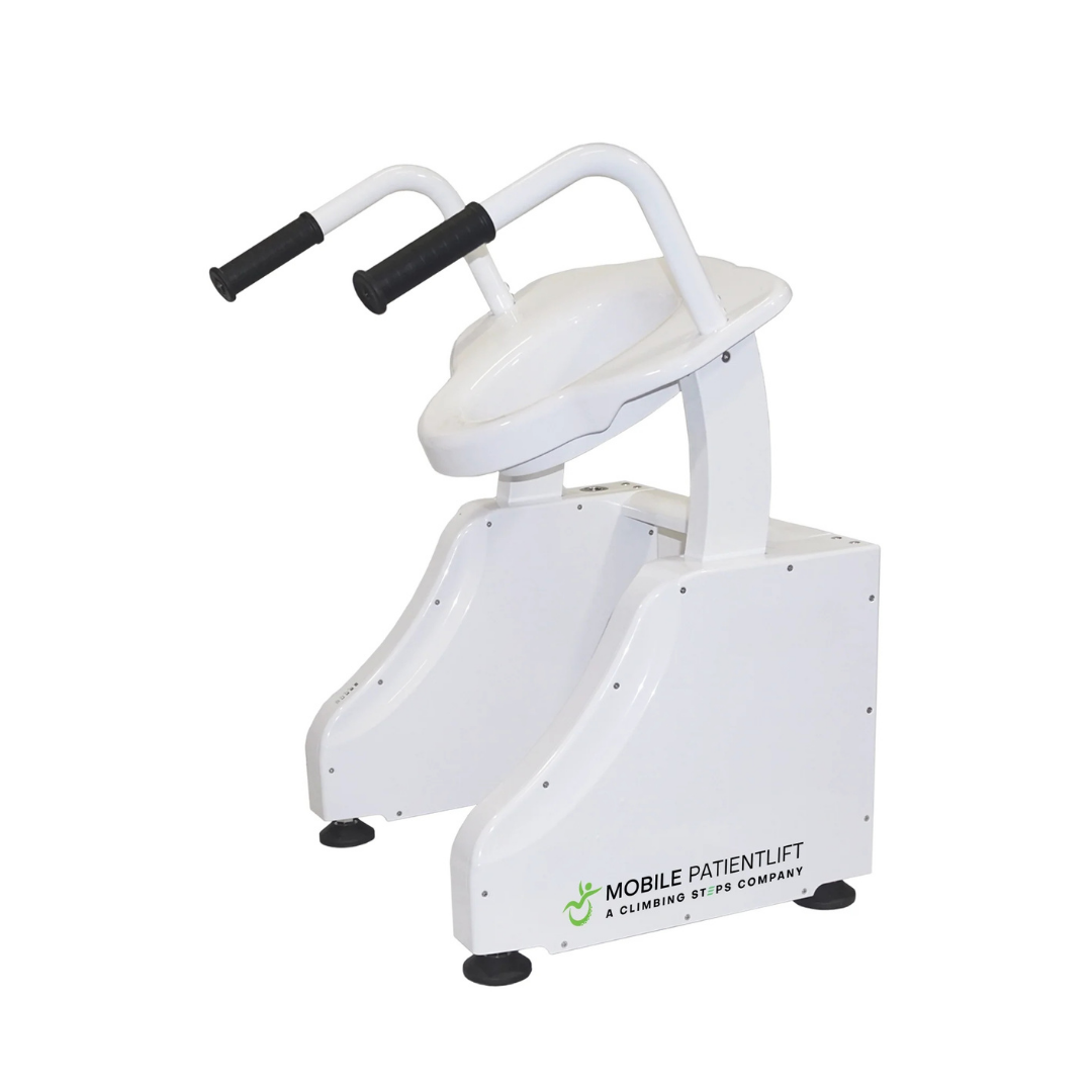 The ArGo Bariatric Electric Toilet Lift - Power Patient Toilet Lifter is a white mobility device with two black-handled bars, a sturdy base, and Mobile Patient Lift logo, designed for bathroom access and safe patient transfer or lifting.